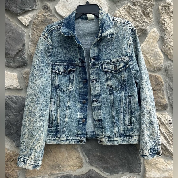 Vintage Mens Acid Wash Denim Trucker Jacket Size L Hand Painted Wolf 90's Nature - Picture 2 of 8